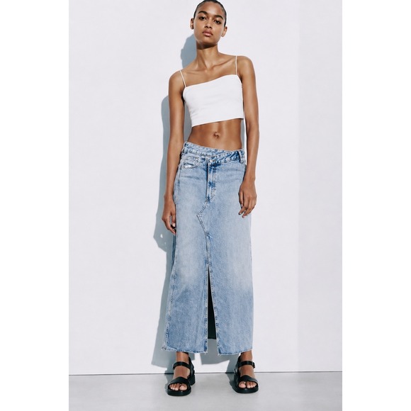 Zara Dresses & Skirts - Zara Asymmetric Waist Denim Midi Skirt Light Blue Wash Large